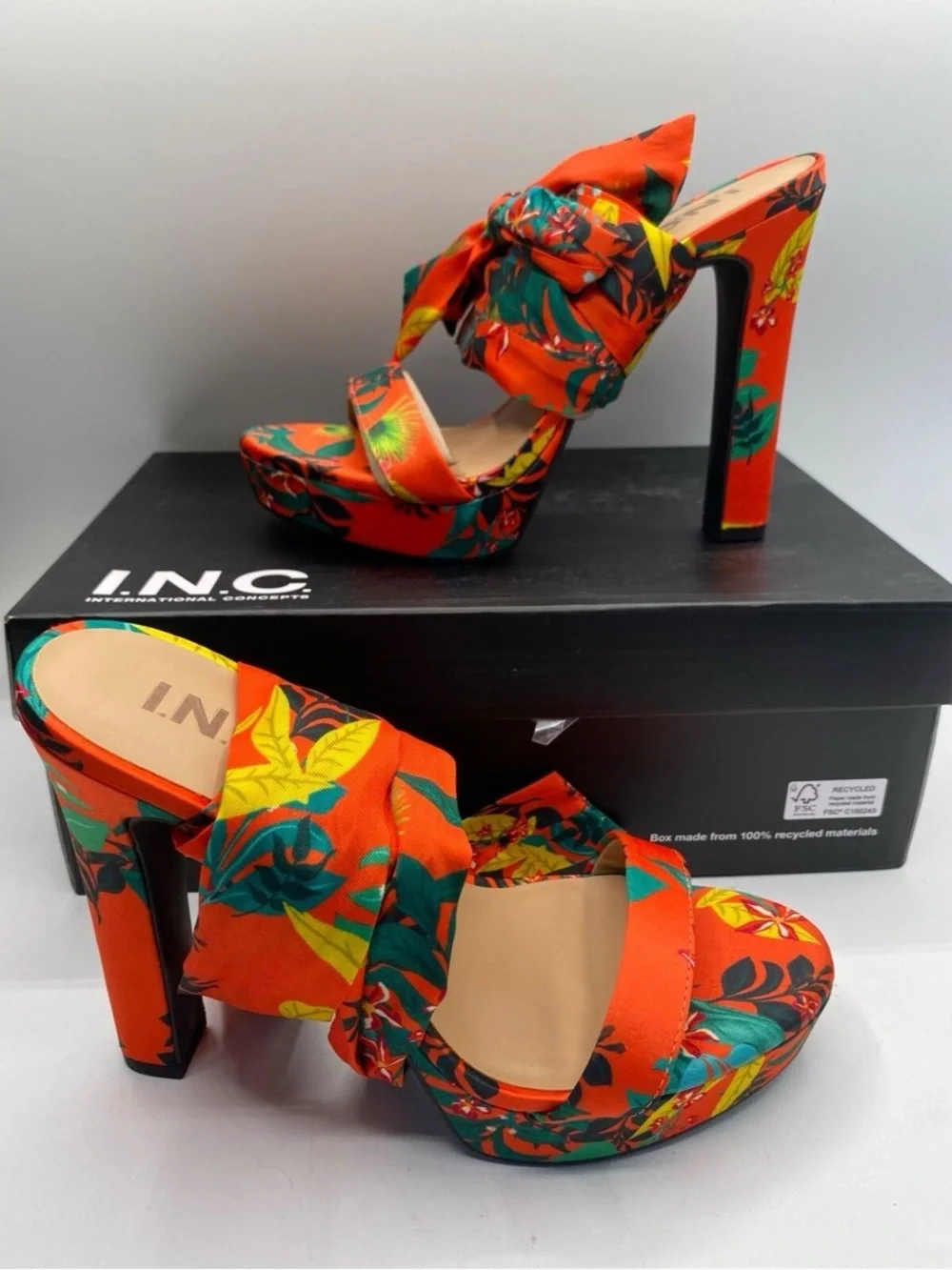 INC International Concepts Orange Floral Wrap-Around Platform Sandal